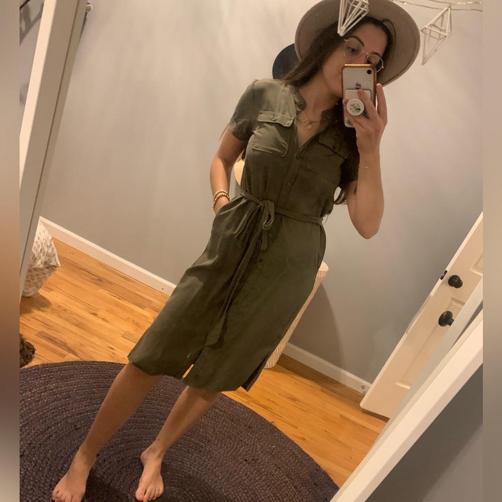 Olive green fall cargo utility dress from LOFT.